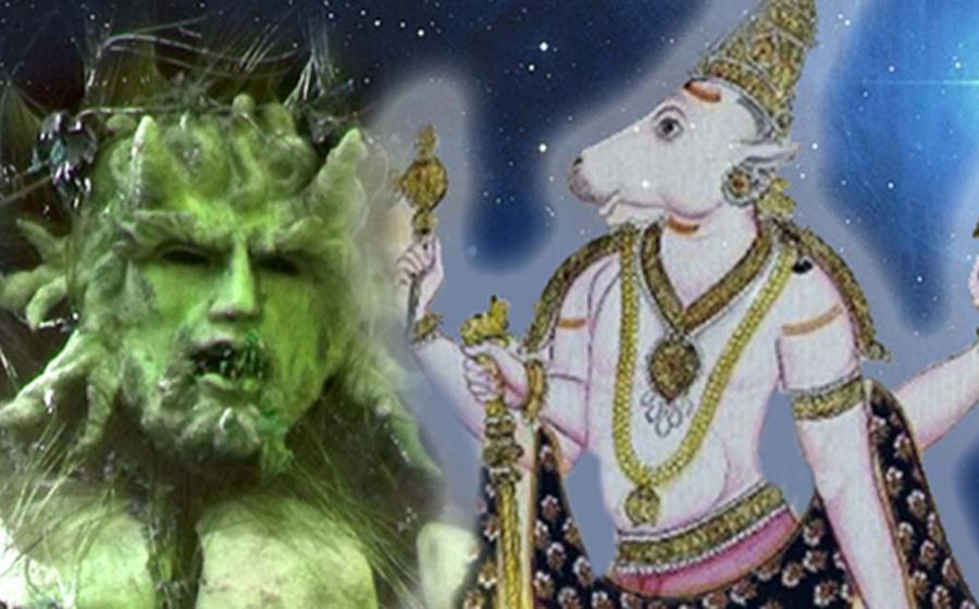 Green Man (ElliotBrown/CC BY 2.0) and Bull Nandi (Public Domain)/Deriv.