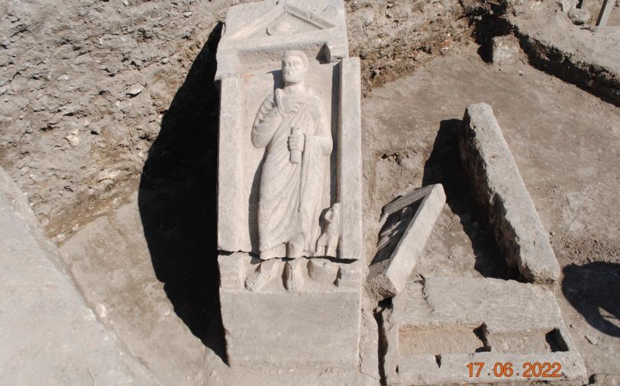 Funerary stela uncovered in situ within the monumental Roman-period burial complex containing the tombs of Ariston and Annion in the Southern Suburb necropolis of Tauric Chersonesos.
