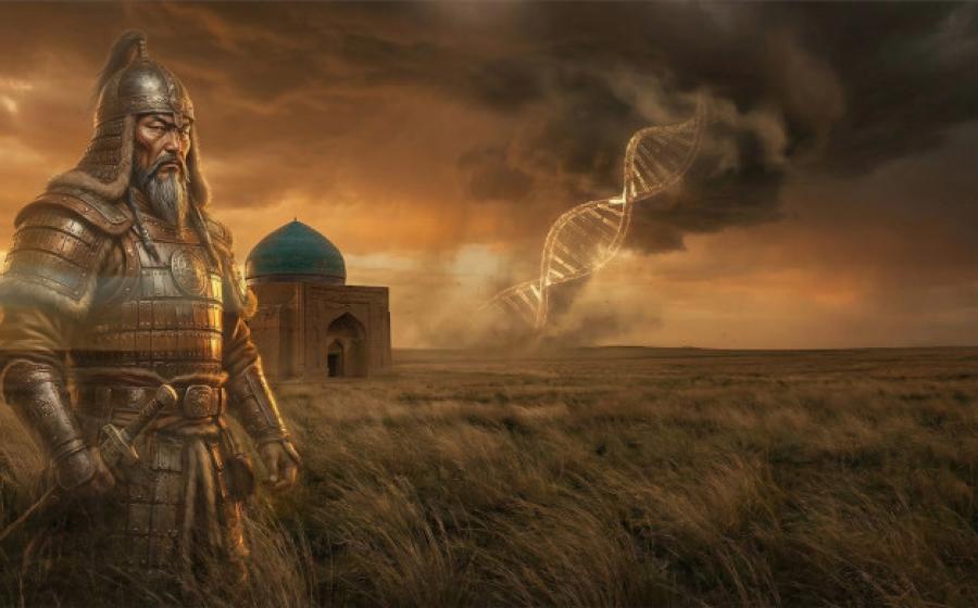 Genghis Khan on the Steppe by a mausoleum building.