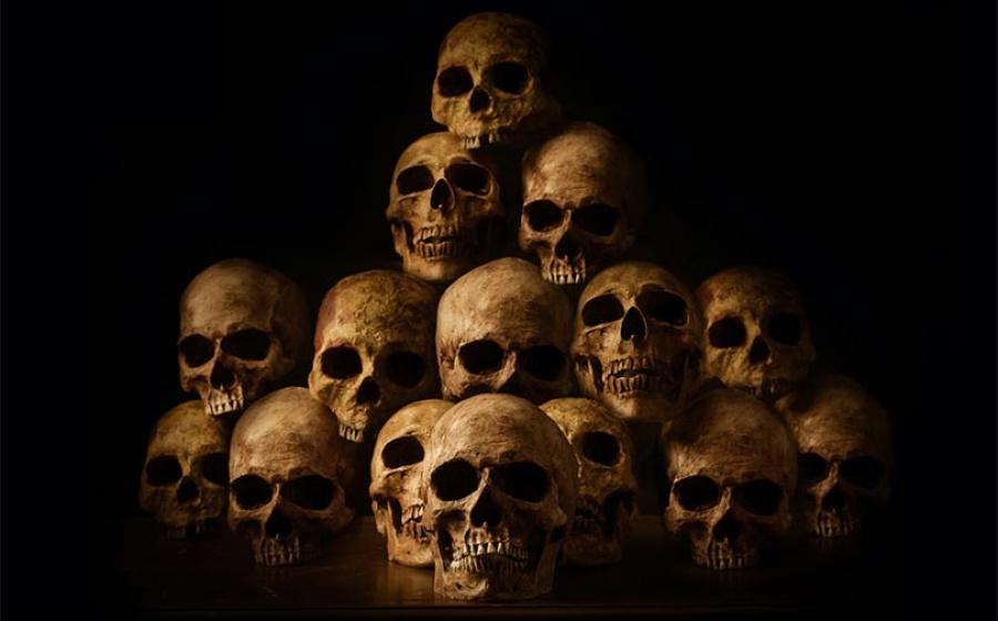 Representation of genocides with photo of stacked human skulls.      Source: papi8888 / Adobe stock.