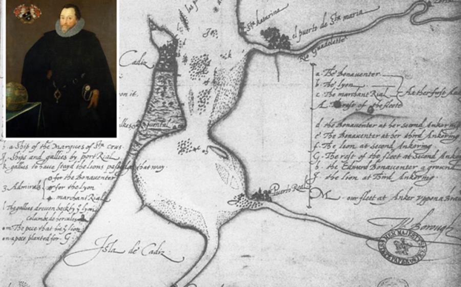 Map of Sir Francis Drake's attack on the Spanish fleet in Cádiz, 1587, drawn by his second-in-command William Borough. Inset portrait of Drake.  