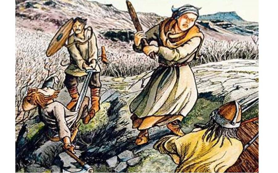From the Gisla Saga: When Eyjólfur and his men attacked Gísli in overwhelming numbers, Gísli’s wife Auður stood by his side, armed with a club. 