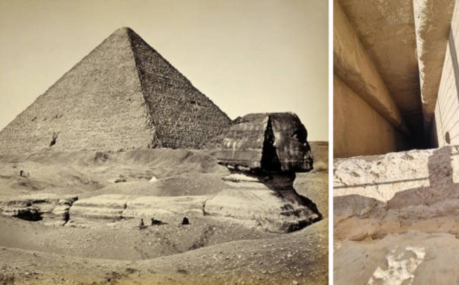 Left; The Great Sphinx with the Great Pyramid at Giza. Right; one of the shafts.