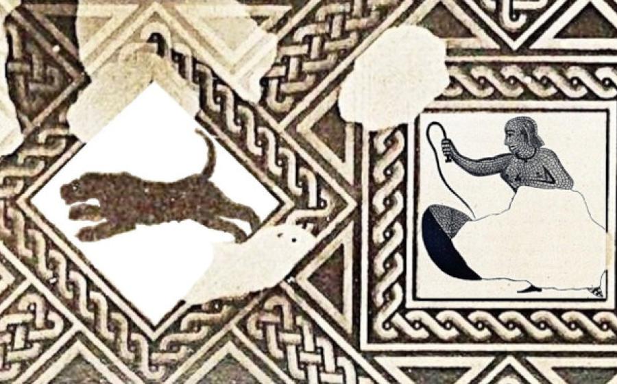 19th-century drawing of the Reims mosaic showing the leopard and the female beast hunter