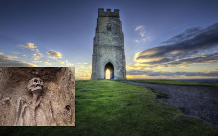 Glastonbury Tor. Source: vlorzor / Adobe. Inset: Representational image of a skeleton. 