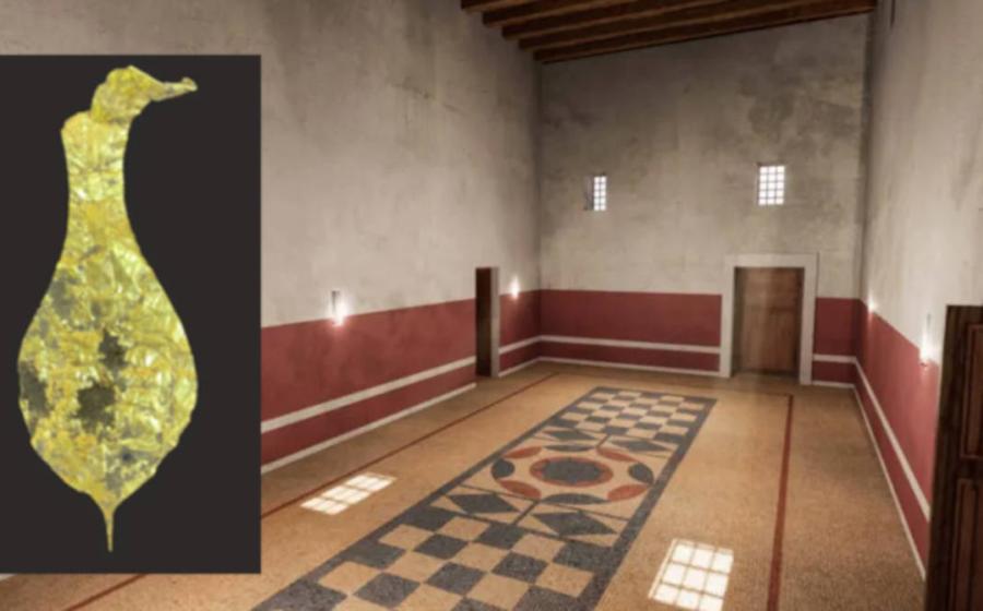 Attempt to reconstruct a room in the house of the garrison commander in Asparos. Inset; the gold votive plaque.