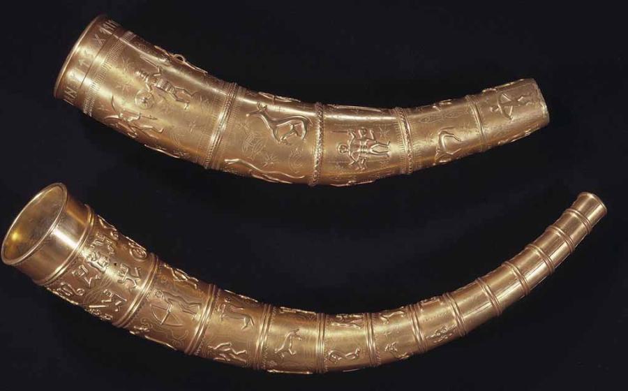 Replicas of the Golden Horns of Gallehus at the National Museum of Denmark. Source: Public domain