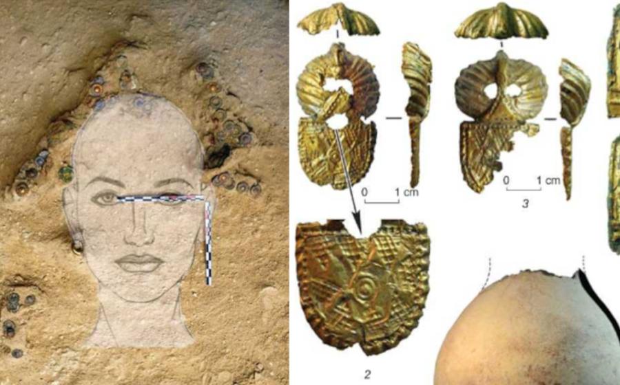 : Gold ornaments discovered in situ around the head area of the elite woman buried at the Karakabak-10 cemetery in western Kazakhstan, with left, face of lady superimposed on the headdress finds in situ.