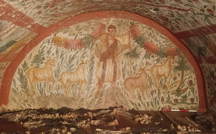 Frescoed chamber tomb at Hisardere Necropolis in Iznik, showing the Good Shepherd scene on the back wall. 