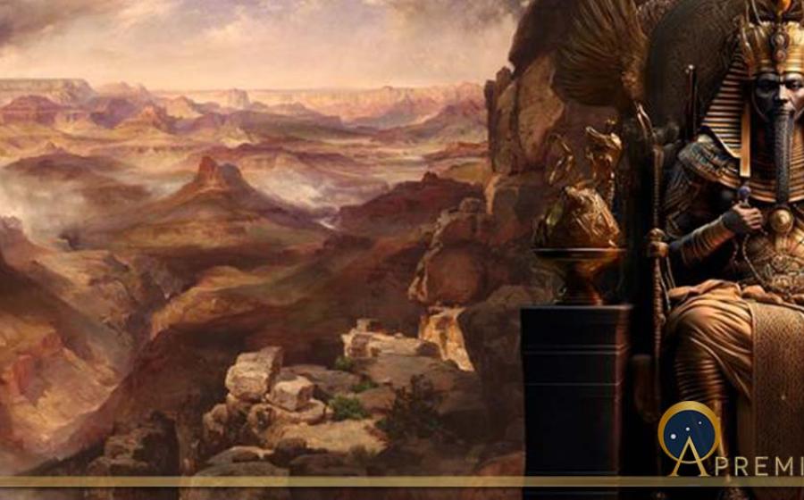 Grand Canyon of the Colorado River (1892–1908) by Thomas Moran, illustrator of John Powell’s book (Public Domain) and Pharaoh on a Throne (amith/ (Adobe Stock)