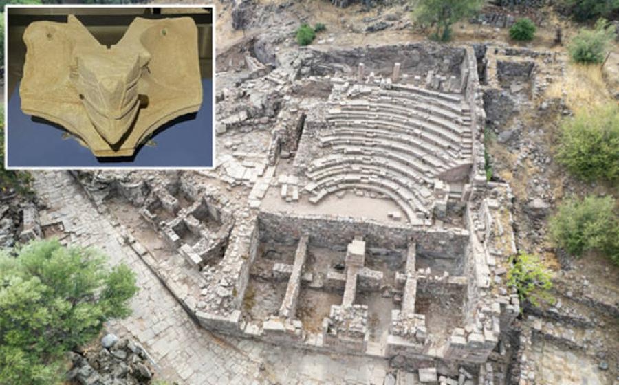 The Aigai council hall where the sundial was discovered. (Inset, the sundial)