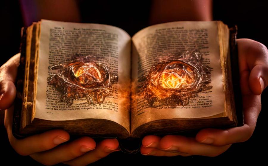 Ancient magical grimoire with a dimly lit, mysterious background and captivating light swirls, emphasizing knowledge power and spell world. Source: XaMaps/Adobe Stock