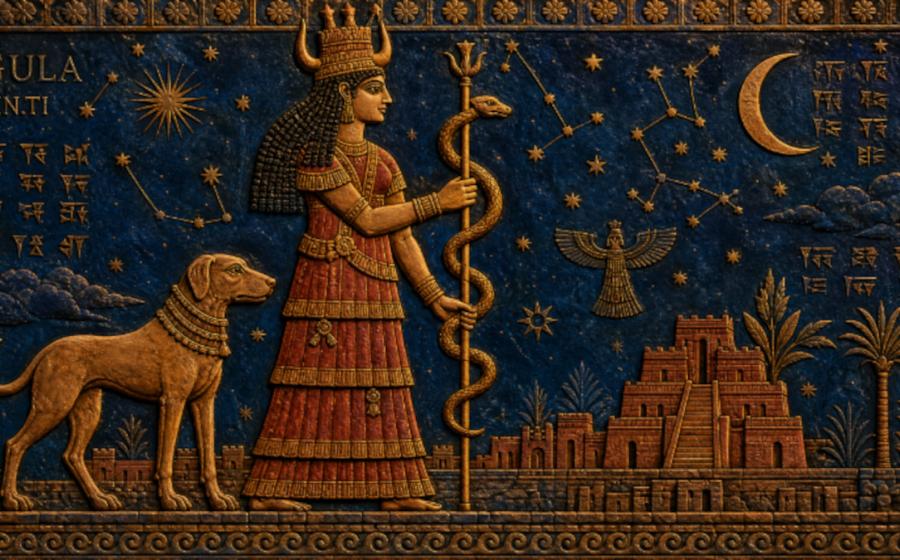 Gula in stylised profile, wearing a tiered crimson robe and horned divine crown, holding a serpent-entwined staff — a precursor to the modern medical symbol. Her sacred dog stands beside her