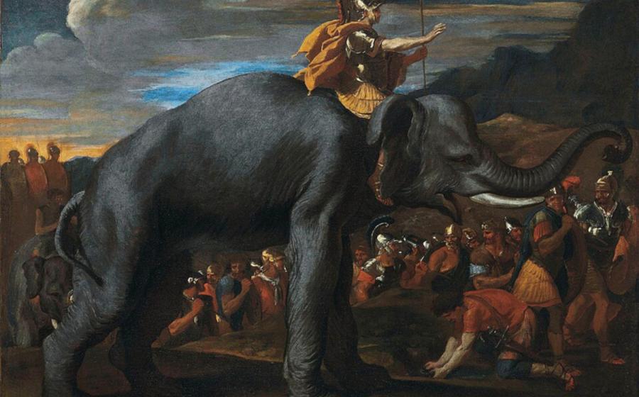 Hannibal crossing the Alps on an elephant, painted by Nicolas Poussin.