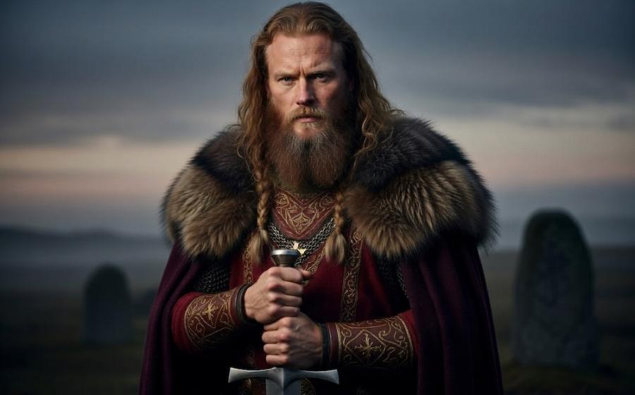 King Harald Bluetooth stands powerfully in the misty twilight, gripping a large Viking sword with both hands, its point resting downward.