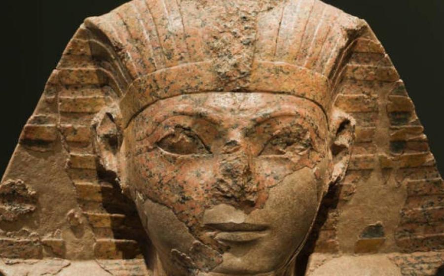 Damaged face of Pharaoh Hatshepsut statue.
