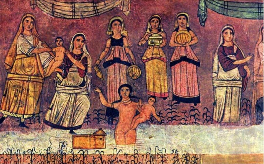 Hellenistic Jewish synagogue fresco Moses being taken from the river Nile. 	Source: Public Domain
