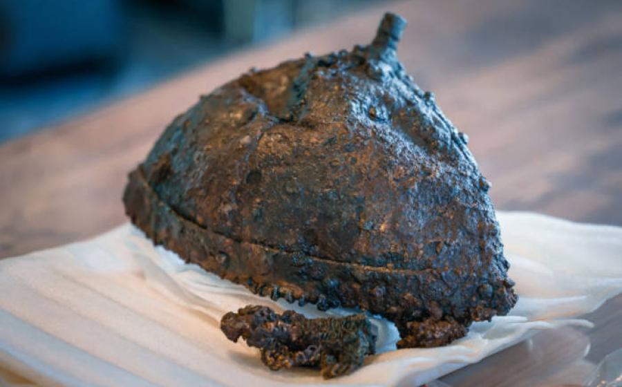 Medieval helmet and section of ring mail found at Rustavi fortress, Georgia.
