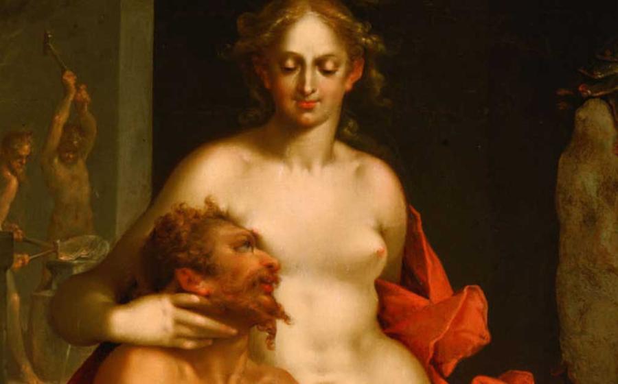 Aphrodite in the forge of the god Hephaestus. 1610 painting by Bartholomeus Spranger entitled “Venus in Vulcan’s Forge.” Source: Public domain