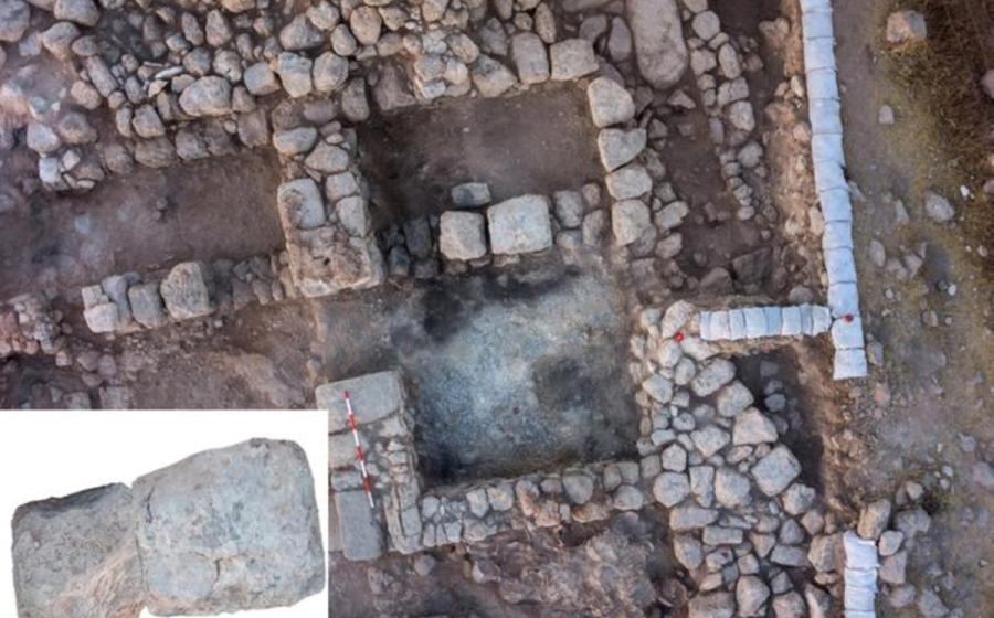 Aerial view of Room 101B after the completion of excavations with the big stones left in situ. Inset: the two surviving fragments of the standing stone, digitally rejoined