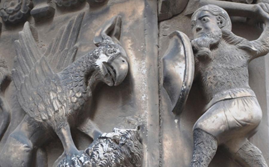 Guifré el Pilós (Wilfred the Hairy), Founder of Catalonia, Slaying a Dragon. Cathedral of Barcelona. Spain.
