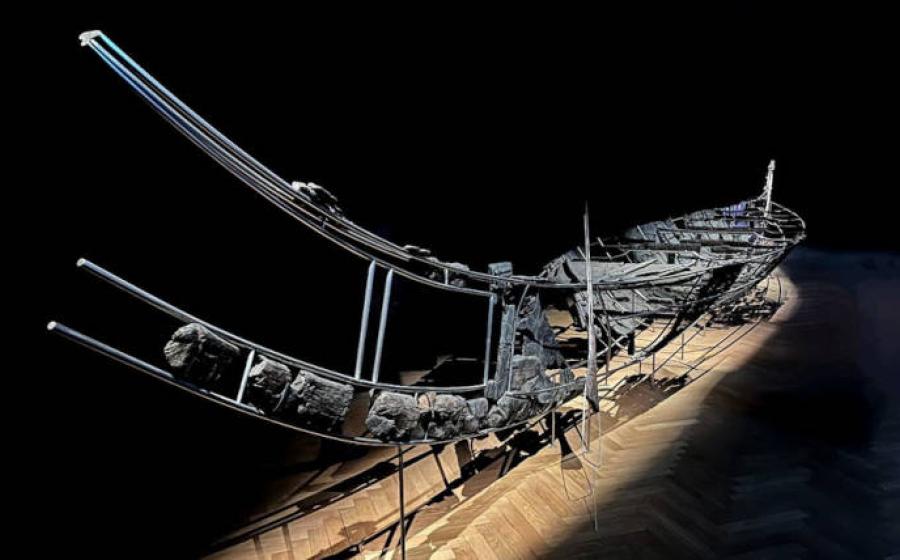 The Hjortspring boat displayed at the National Museum of Denmark in Copenhagen