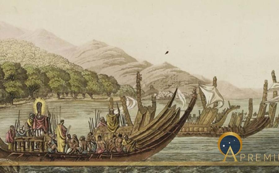 Tahitian warrior dugouts, by Giulio Ferrario. (1827) (Public Domain)