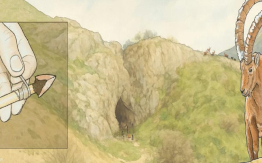 Artistic representation of Obi-Rakhmat rock shelter in Uzbekistan, micro-point hafting and main game hunted around the site 80,000 years ago