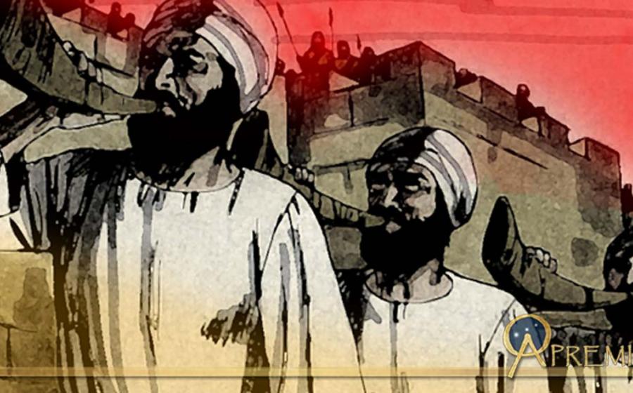 Joshua’s armies use horns of war in siege against Jericho. 