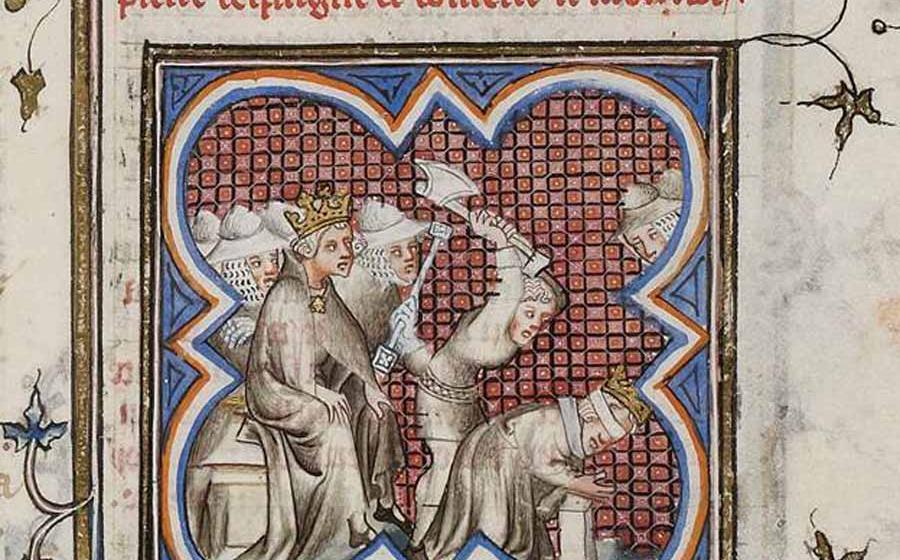 Henry supervising the beheading of his rival Peter, thus firmly establishing the House of Trastámara that was a blend of the powerful kingdoms of Castile and Aragon, who eventually overthrew the Muslims in Granada. A manuscript page from the Grandes Chroniques de France. Source: Public domain