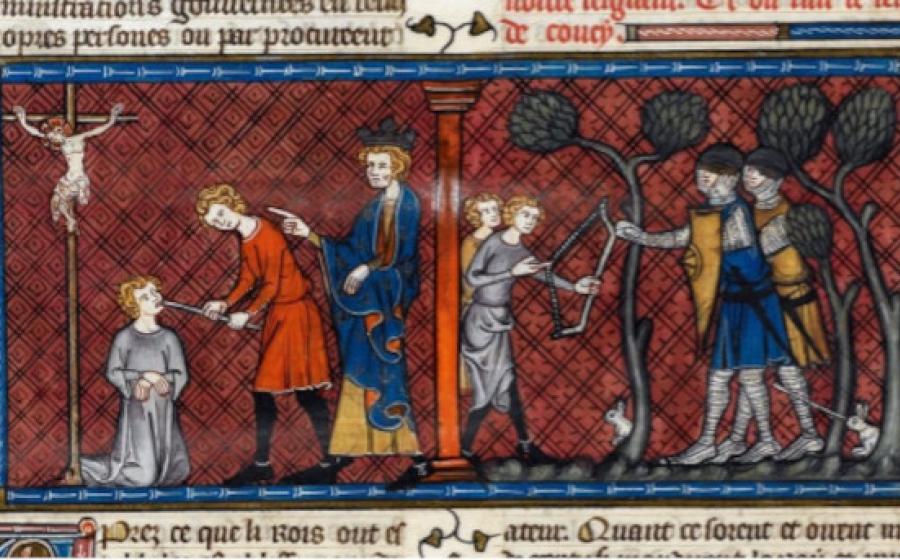 Detail of a two-part miniature of the punishment for a blasphemer, and of children being caught in a forest at Coucy. Image taken from f. 420v of Chroniques de France ou de St Denis.