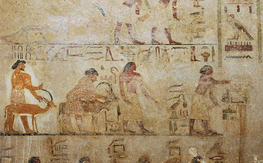 Painting of foreign delegation found at the tomb of Khnumhotep II. This contains a man described a “Abisha the Hyksos”, one of the earliest known uses of the term Hyksos. Source: Public domain
