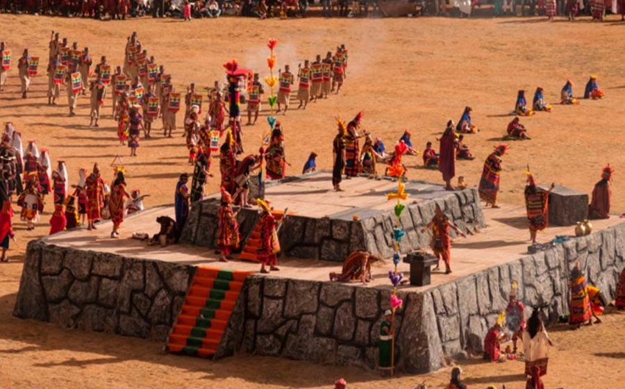 Dance platform at a modern but traditional Inti Raymi celebration. Early Andeans created a dance floor to imitate the sound of thunder when danced on. Source: Youenn JACQUIN/Adobe Stock