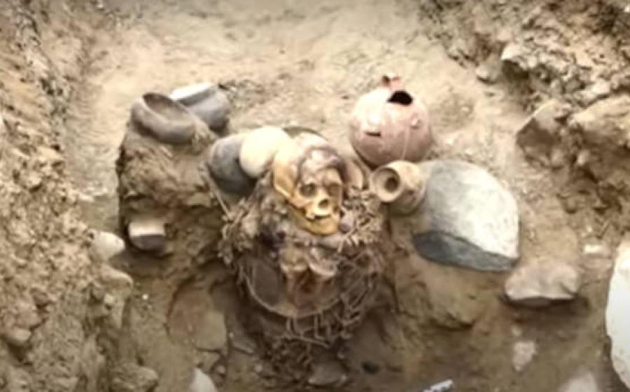 Inca mummy in situ at the site in Lima, Peru