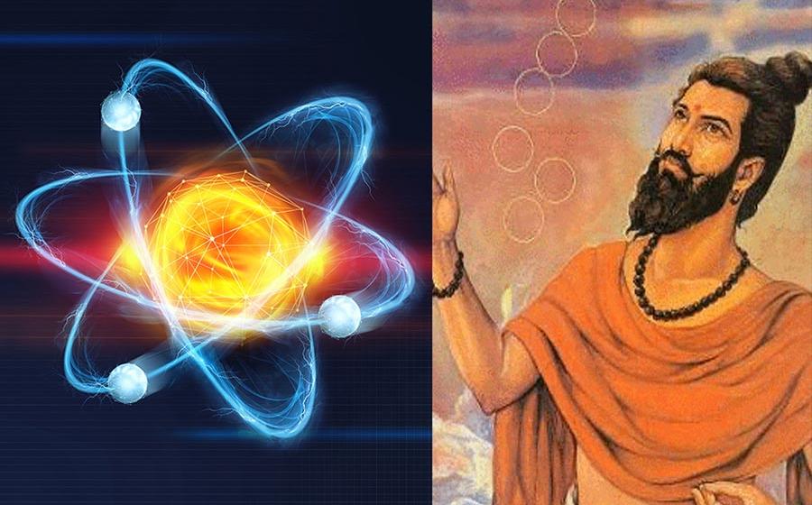 Composite image combining illustration of Acharya Kanad and an image of an atom. Source: astroved / CC BY-SA 4.0 & Siarhei / Adobe Stock