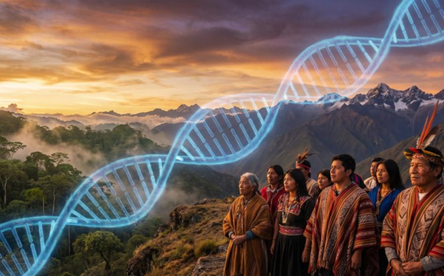 Representation of Indigenous Americans with DNA helix.