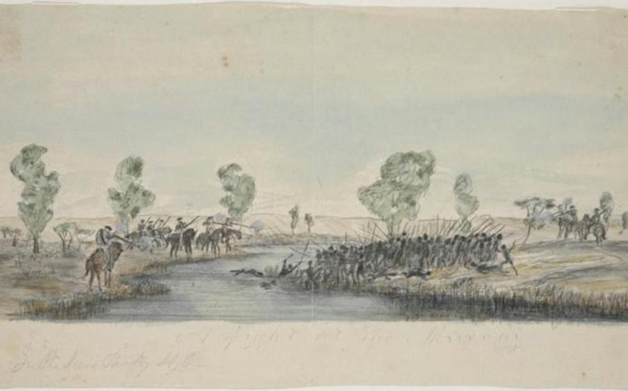 William Anderson Cawthorne, ‘A fight at the Murray’, February 1844. This painting is of the massacre at Rufus River near Lake Victoria that took place about three years earlier in 1841