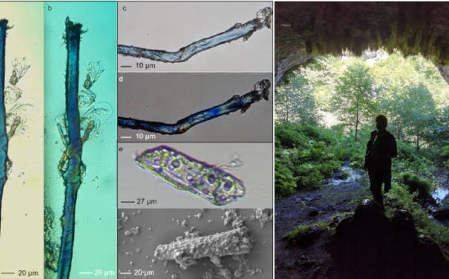 Left; Archaeological elongated blue micro-fragments extracted from the innermost second mold. Right; Laura Longo at the Dzudzzuana Cave entrance, Georgia