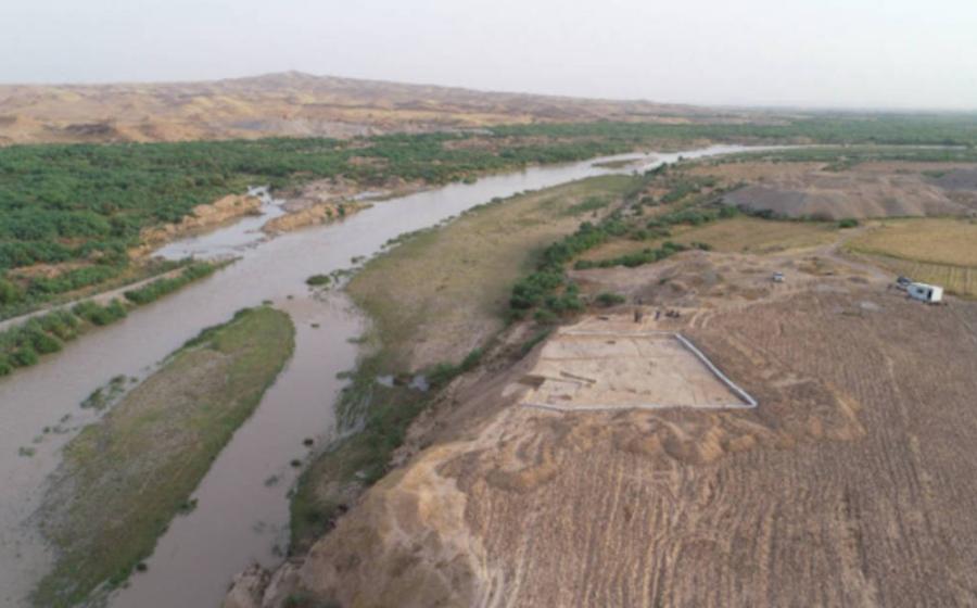 Aerial view of excavation spot at Shakhi Kora where bevelled clay bows and pillared structures were found. 