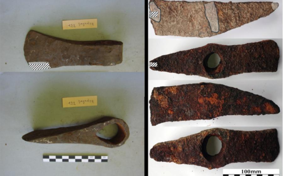 Iron Age iron axes from Kazakhstan (A) and northern Germany (B) examined through radiocarbon dating and metallographic analysis.