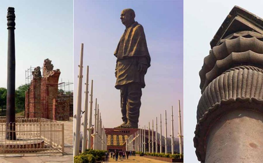 Left to Right: 1. The iron pillar in the Qutb complex near Delhi, India. 2. The Statue of Unity, Gujarat, India, is the world's tallest iron statue with a height of 182 meters (597 ft). 3. Close up of the top of the Qutb Iron Pillar.          Sources: 1. Public Domain 2. CC BY-SA 4.0 3. CC BY-SA 2.0