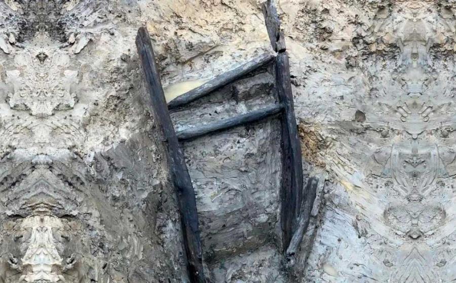 Iron Age ladder found during excavations near a roundhouse in Bedfordshire, England. (MOLA)