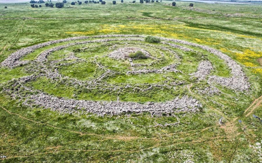 Aerial view of the ancient Rujm el-Hiri megalithic monument in the Golan Heights