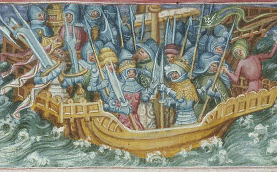 A depiction of Ivar and Ubba setting forth to avenge their father, Loðbrók, as it appears on folio 47v of British Library Harley 2278.      Source: Public Domain