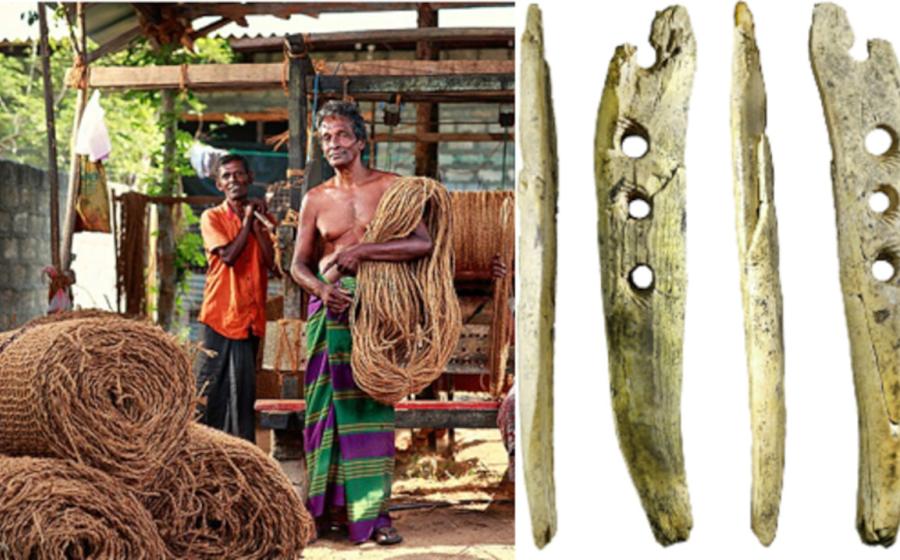 Artisans weaving coconut rope in Sri Lanka, with right, the ivory cord making tool.  
