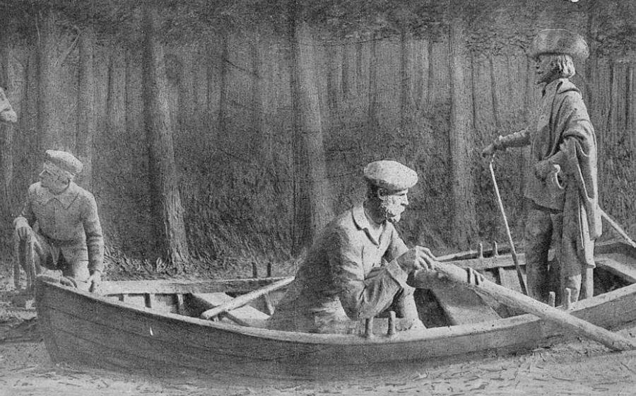 Postcard of butter sculpture tableau of the meeting of Jacques Cartier and Donnacona