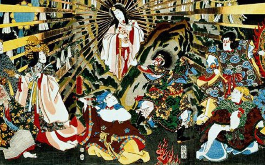 The Japanese Sun Goddess, Amaterasu, emerging from a cave. She is a Japanese deity that is linked to reincarnation. 