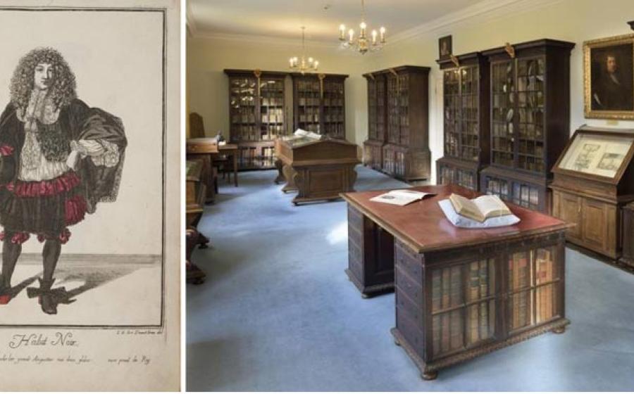 Left; Jean Dieu de Saint-Jean, Habit Noir (evening wear), etching c. 1670. Right; Inside the Pepys Library at Magdalene College, Cambridge.	Source: Left; Reproduced by permission of the Pepys Library, Magdalene College Cambridge.  Right; Douglas Atfield/University of Cambridge