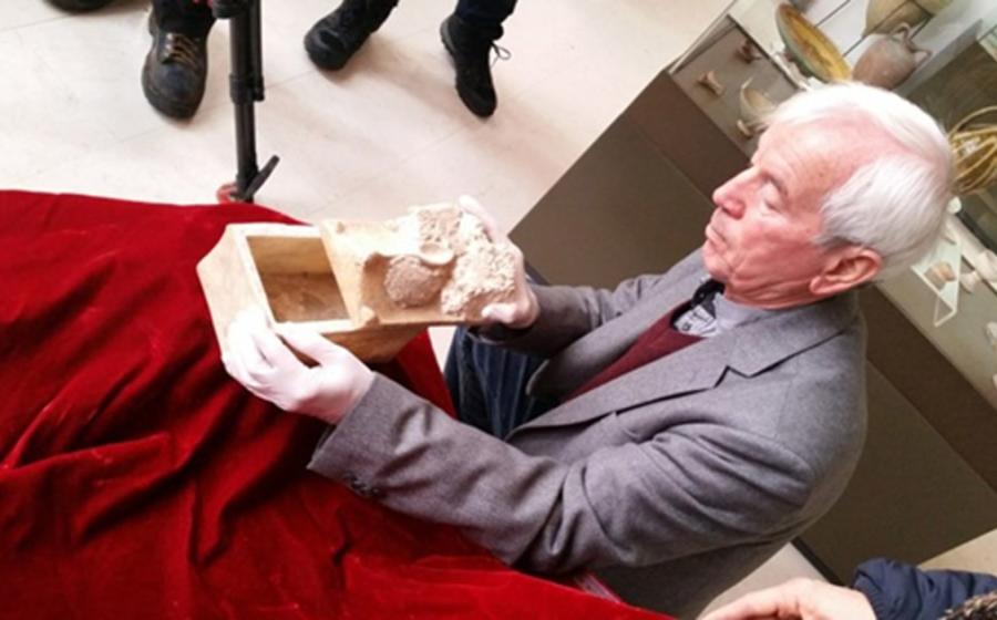 Professor Kasimir Popkonstantinov and the marble reliquary that potentially held John the Baptist’s bones.