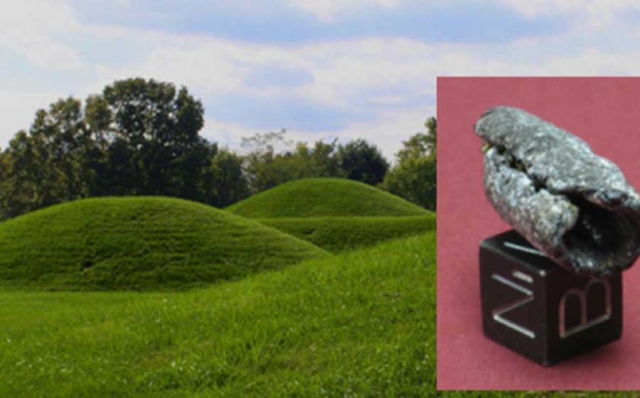 Main: Hopewell burial mounds in Ohio (CC by SA 3.0). Inset: One of the meteoritic iron beads found in a Hopewell mound.